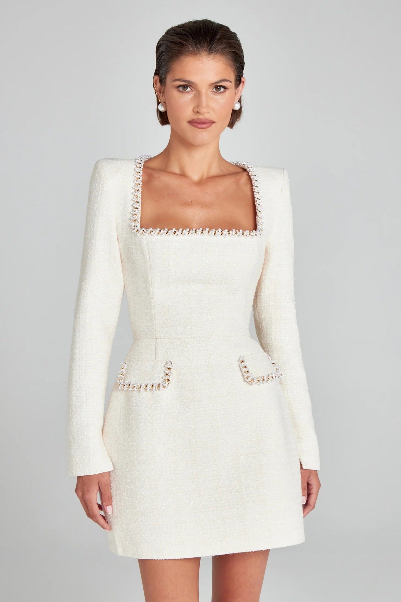 Women Chic Tweed Square Neck Mini Dress | M