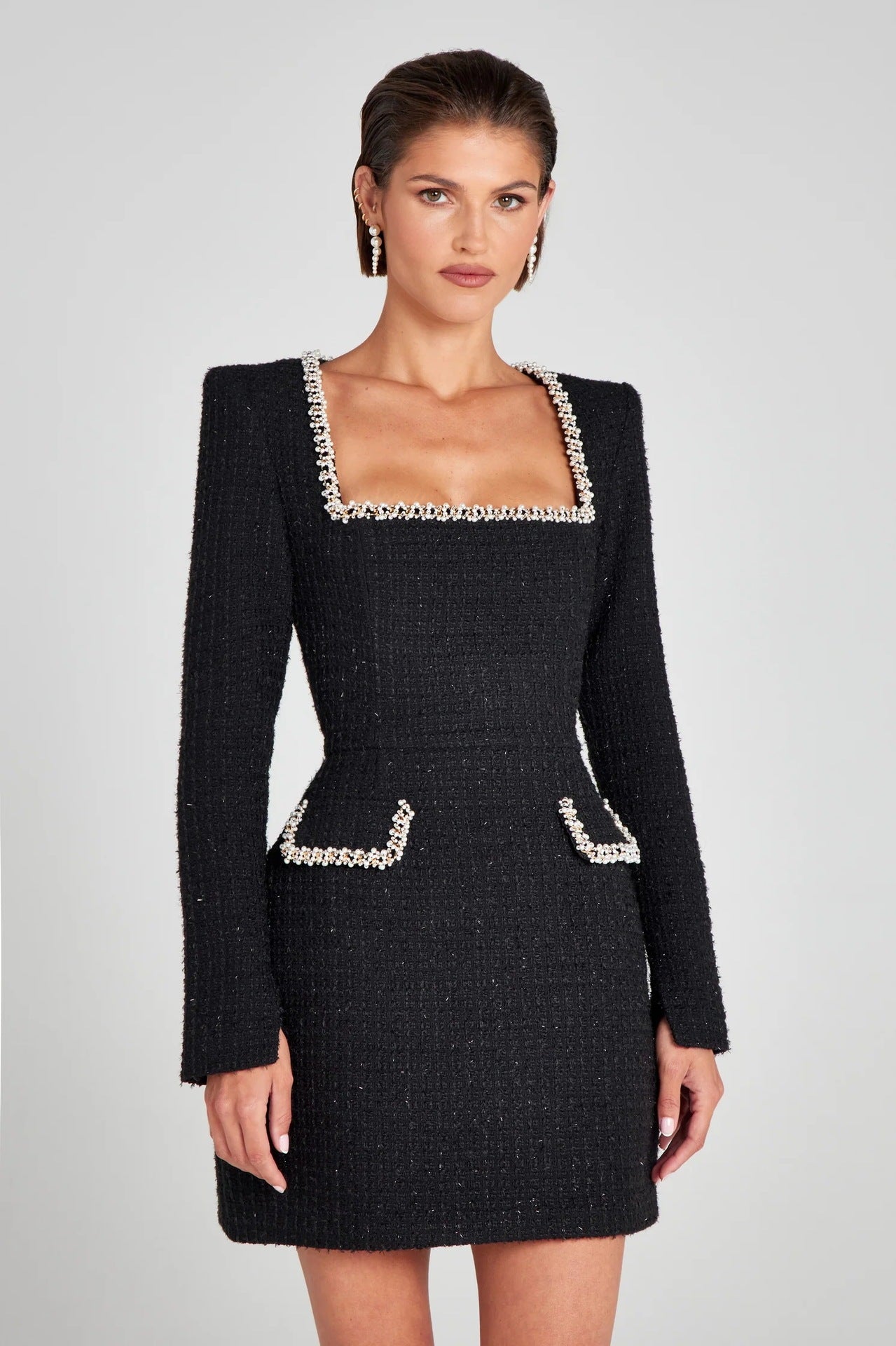 Women Chic Tweed Square Neck Mini Dress | M