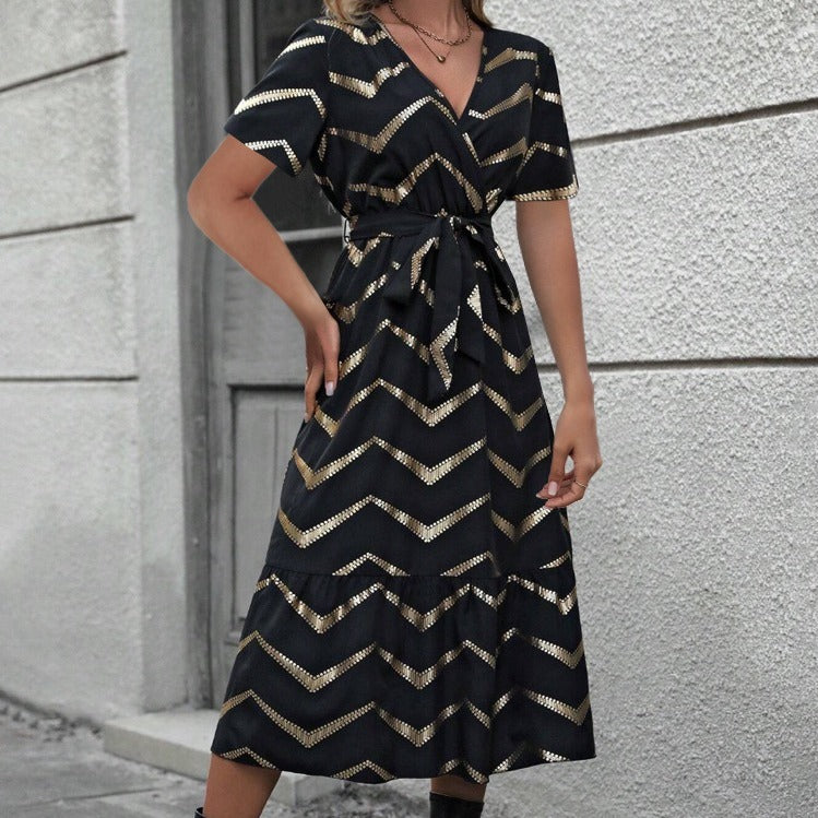 Elegant Short Sleeve Dress with Striped Print and Belt