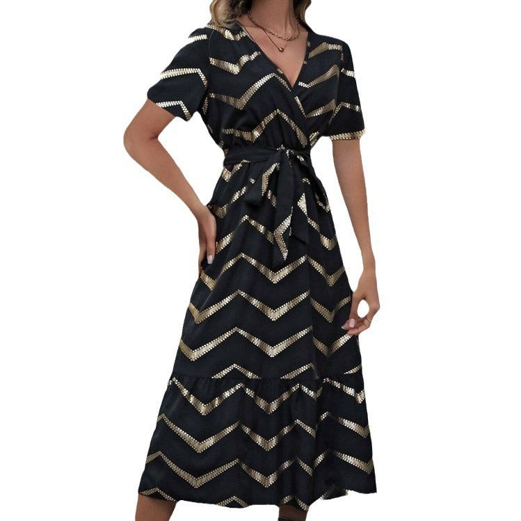 Elegant Short Sleeve Dress with Striped Print and Belt